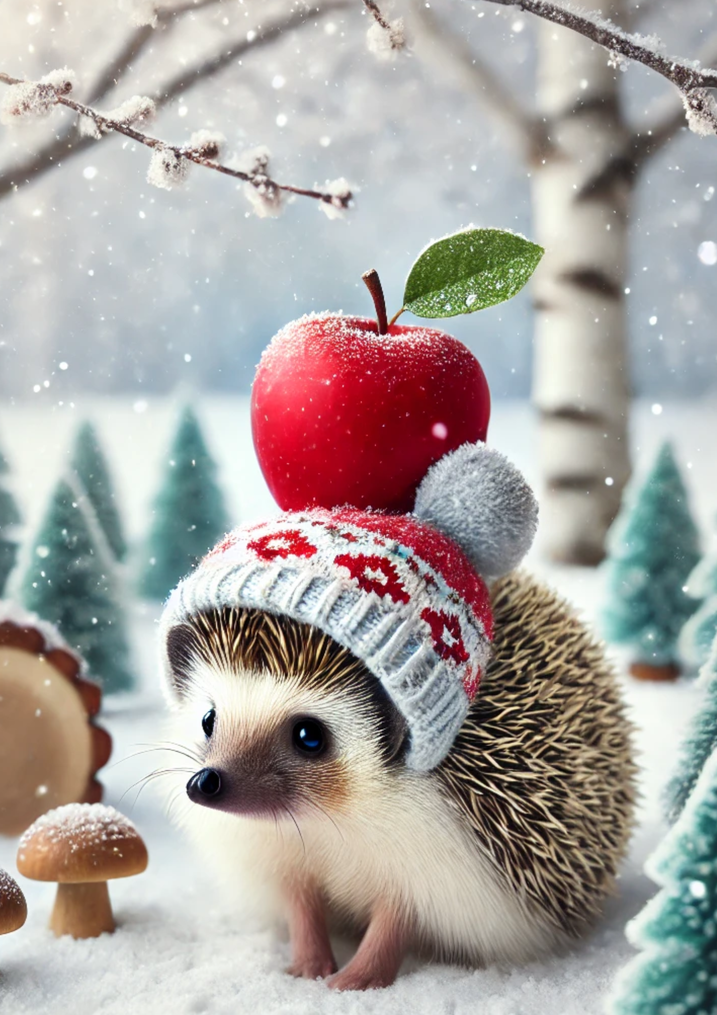 Sticker Sheet / Greeting Card – Hedgehog In Christmas Hat With Apple Full Cat. No. 1987