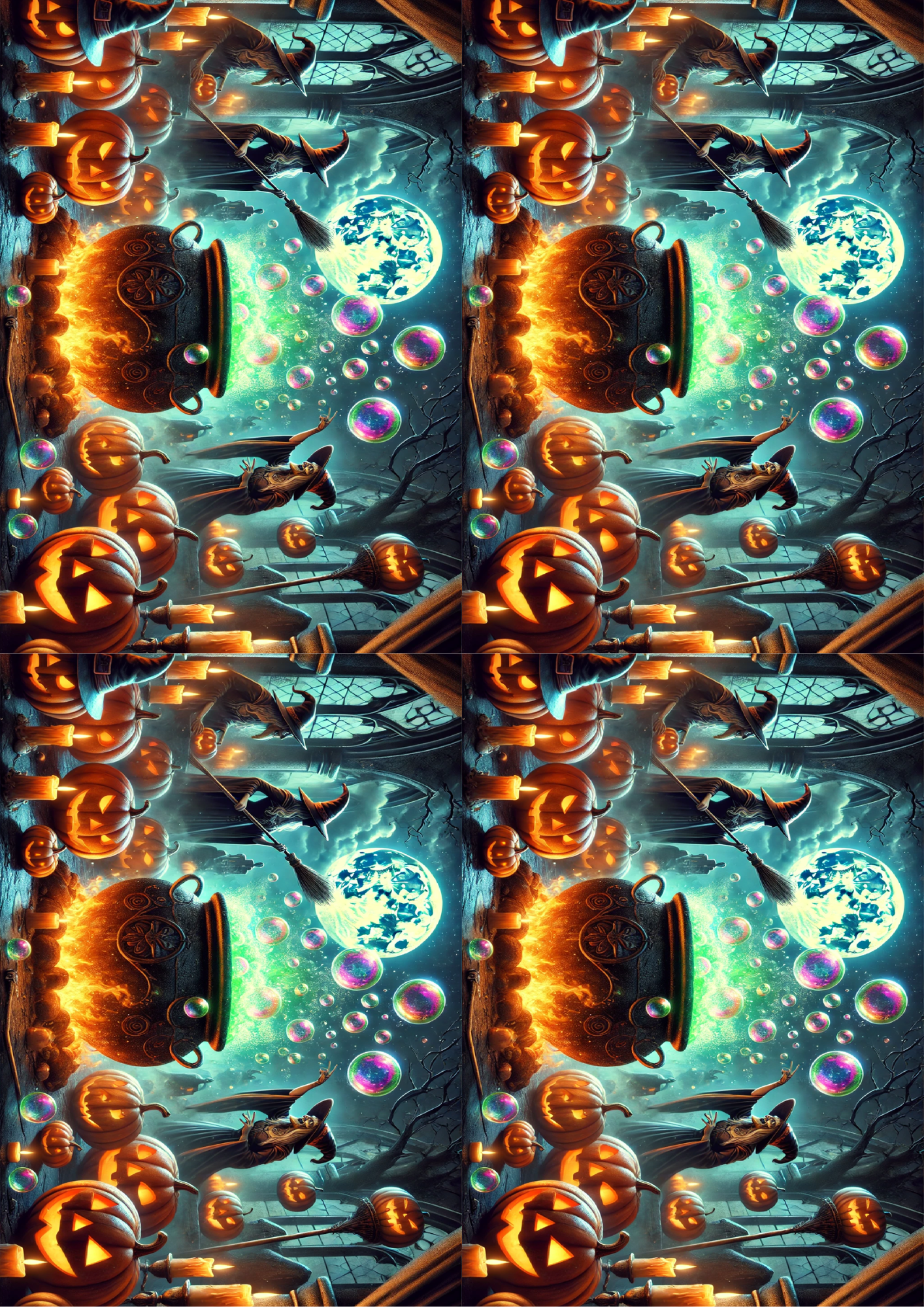 Sticker Sheet / Greeting Card – Halloween Cauldron and Pumpkins Collage Cat. No. 1610