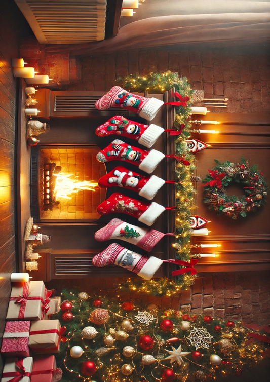 Aufkleberbogen Kamin mit hängenden Strümpfen für Geschenke, komplett, Kat.-Nr. 1525