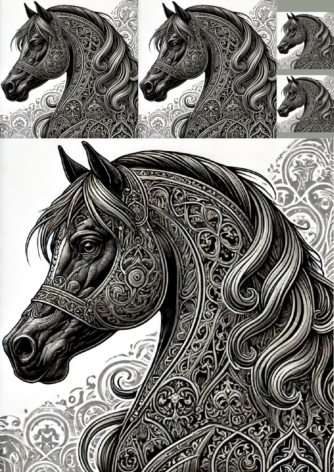 Sticker Sheet / Greeting Card – Horse In Gothic Style Collage Cat. No. 1194