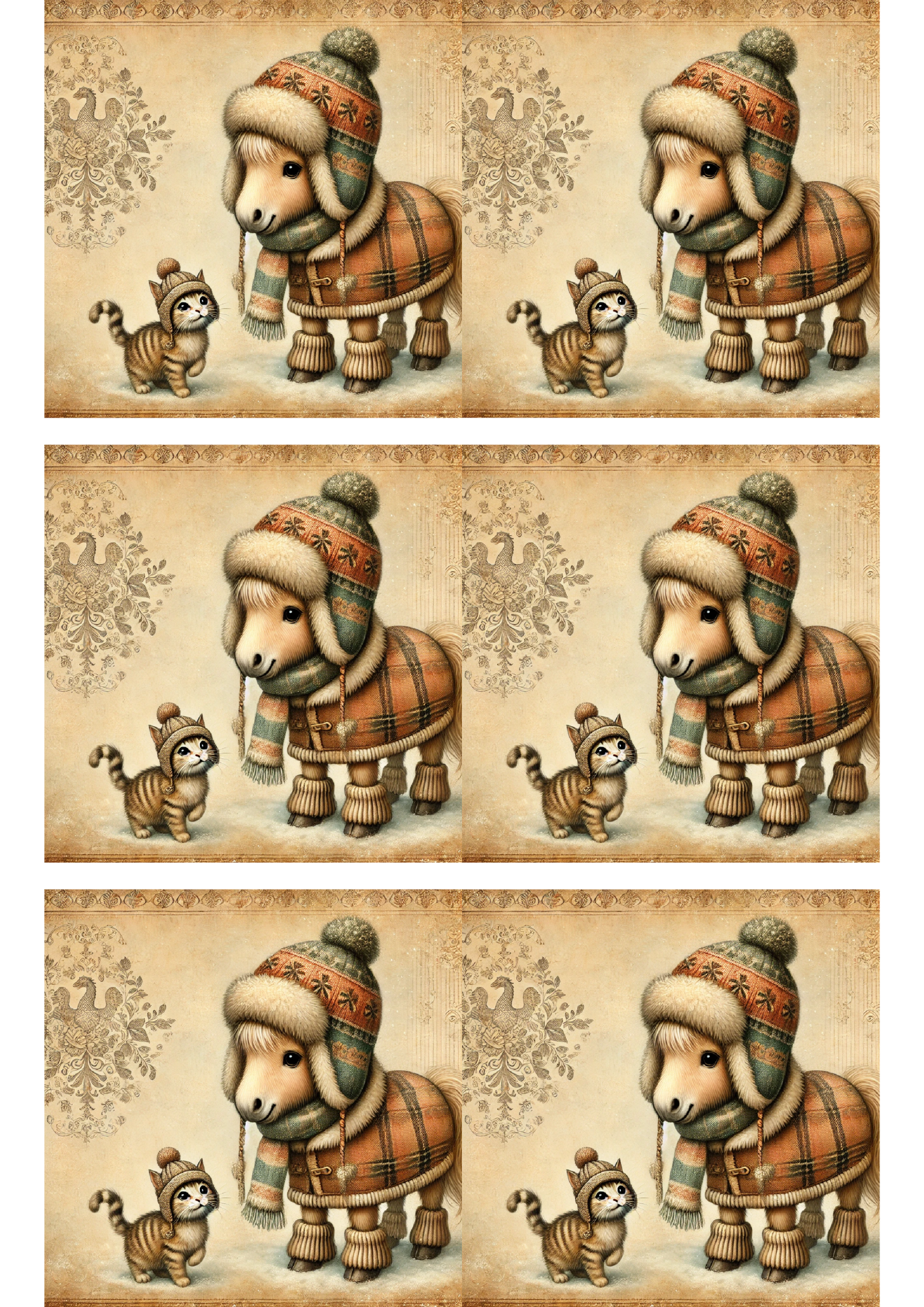 Sticker Sheet / Greeting Card – Horse and Kitty Vintage Collage Cat. No. 1676