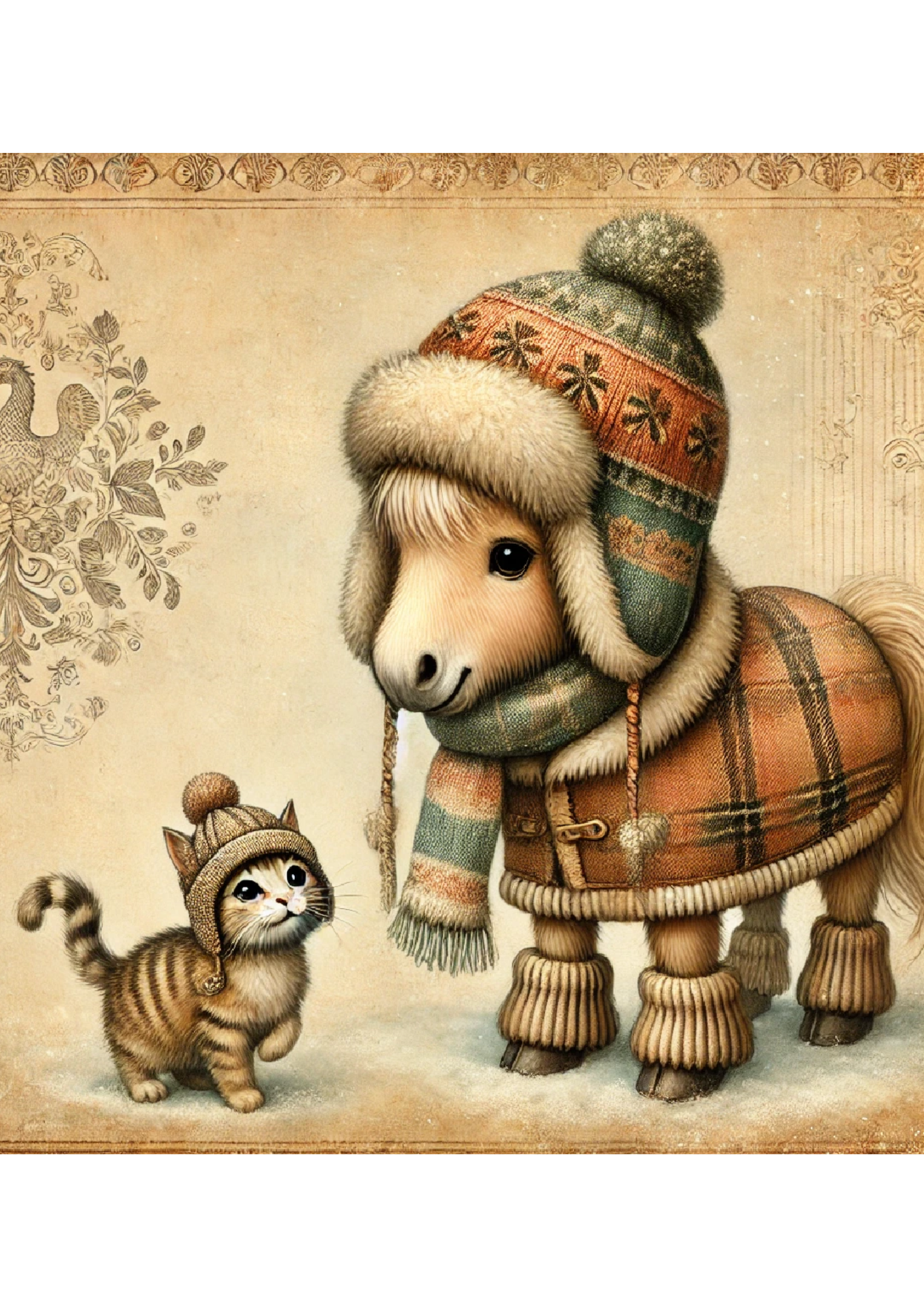 Sticker Sheet / Greeting Card – Horse and Kitty Vintage Full Cat. No. 1677