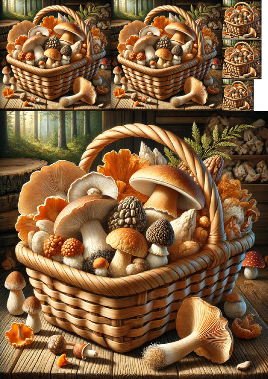 Sticker Sheet – Basket Full Of Various Mushrooms Collage Cat. No. 1196