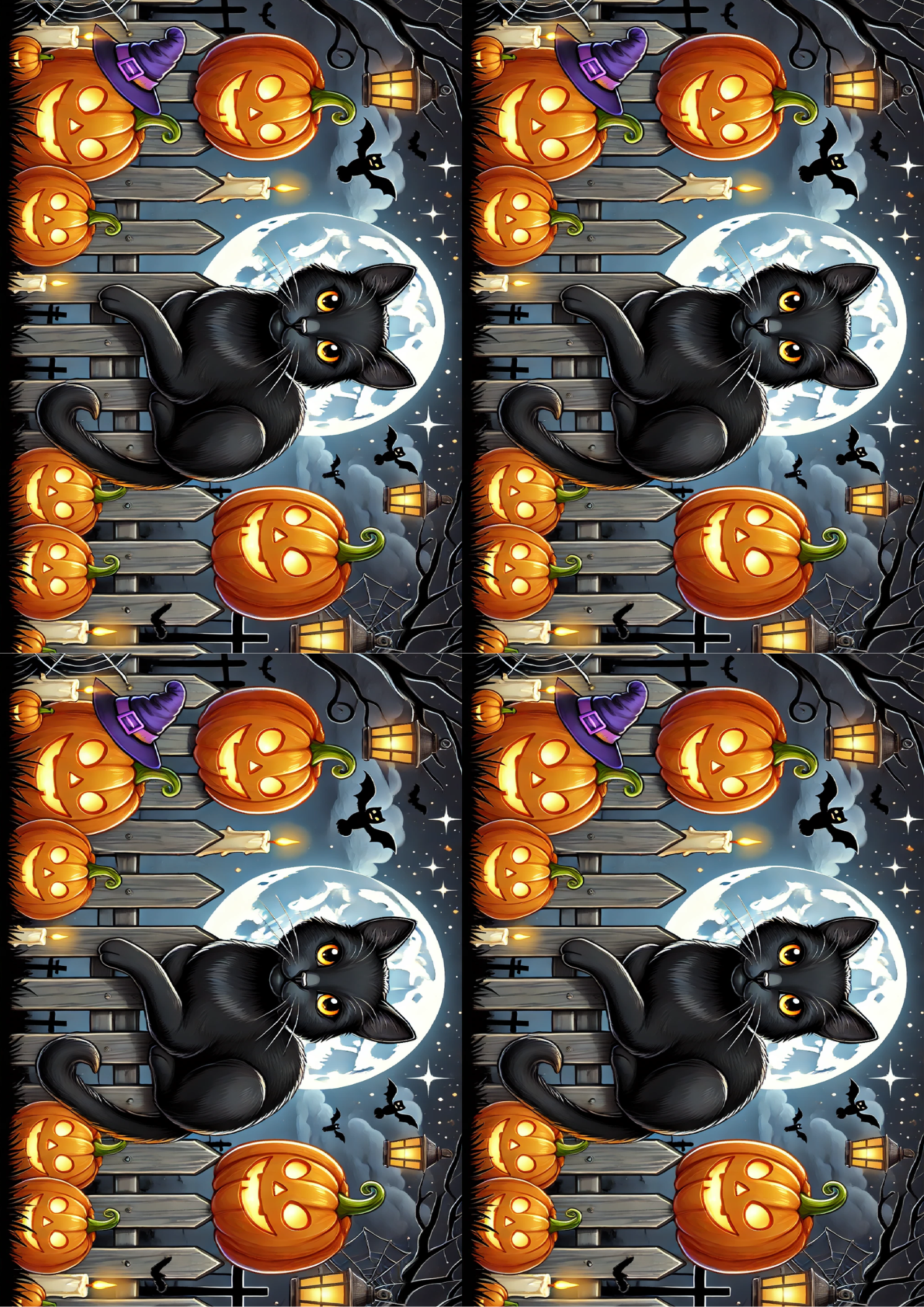 Sticker Sheet / Greeting Card – Halloween Cat On Fence And Pumpkins Collage Cat. No. 1612