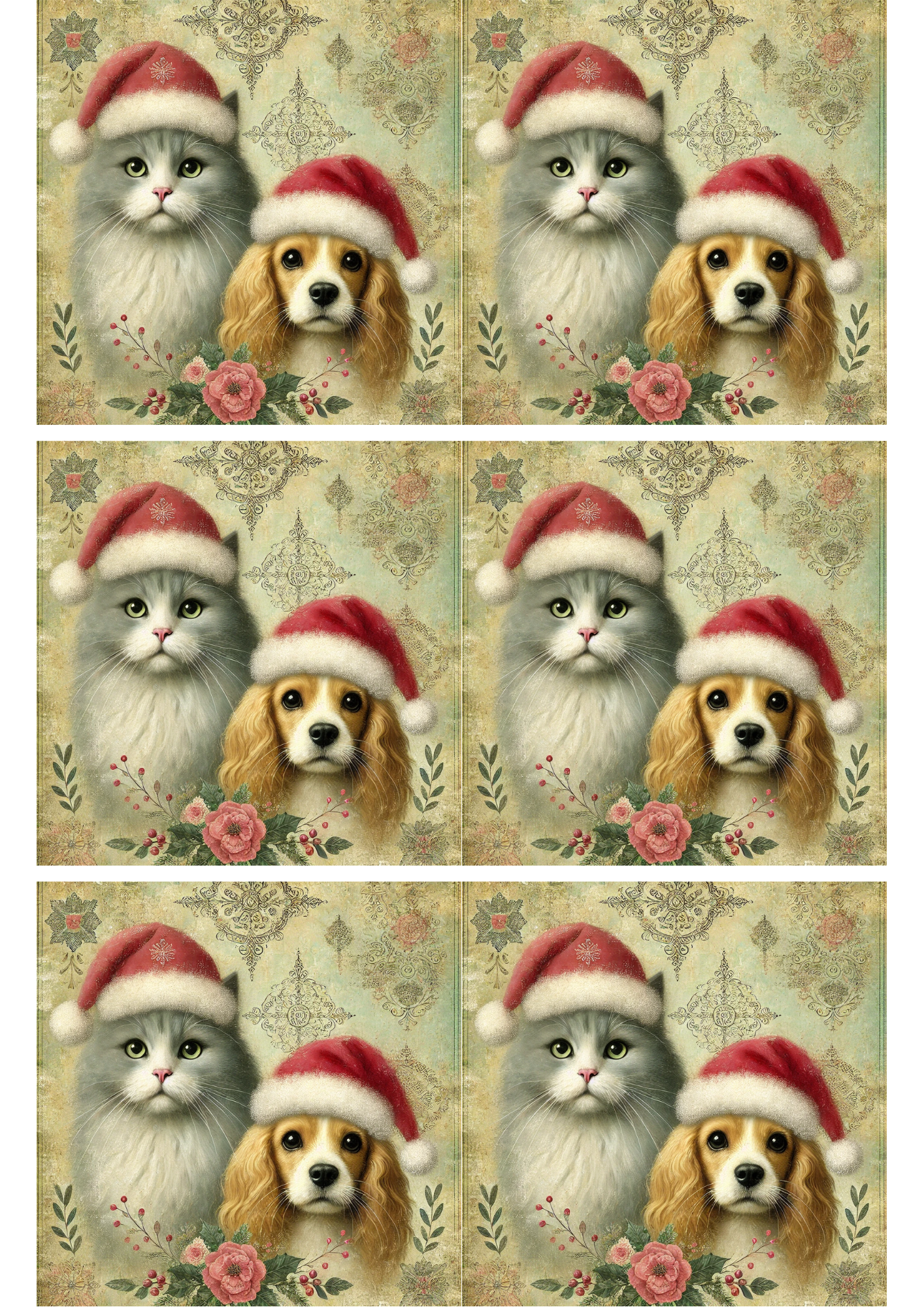 Sticker Sheet / Greeting Card – Cat and Dog in Christmas Hats Collage Cat. No. 2030