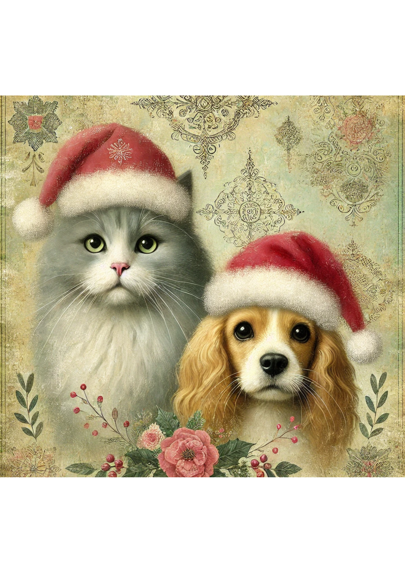 Sticker Sheet / Greeting Card – Cat and Dog in Christmas Hats Full Cat. No. 2031