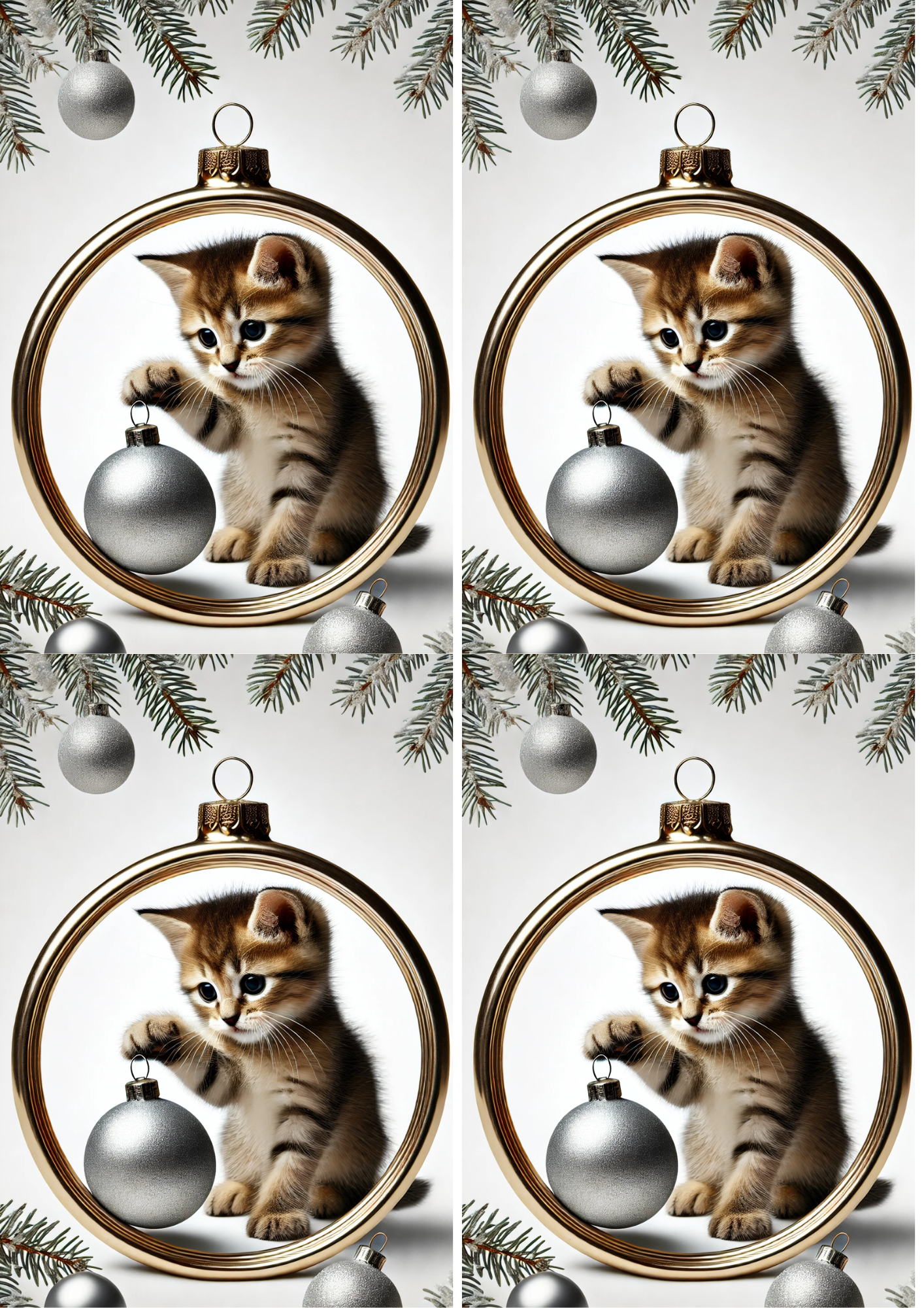 Sticker Sheet / Greeting Card – Kitten Playing With Christmas Bauble In Oval Collage Cat. No. 1530