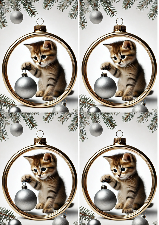Sticker Sheet Kitten Playing With Christmas Bauble In Oval Collage Cat. No. 1530