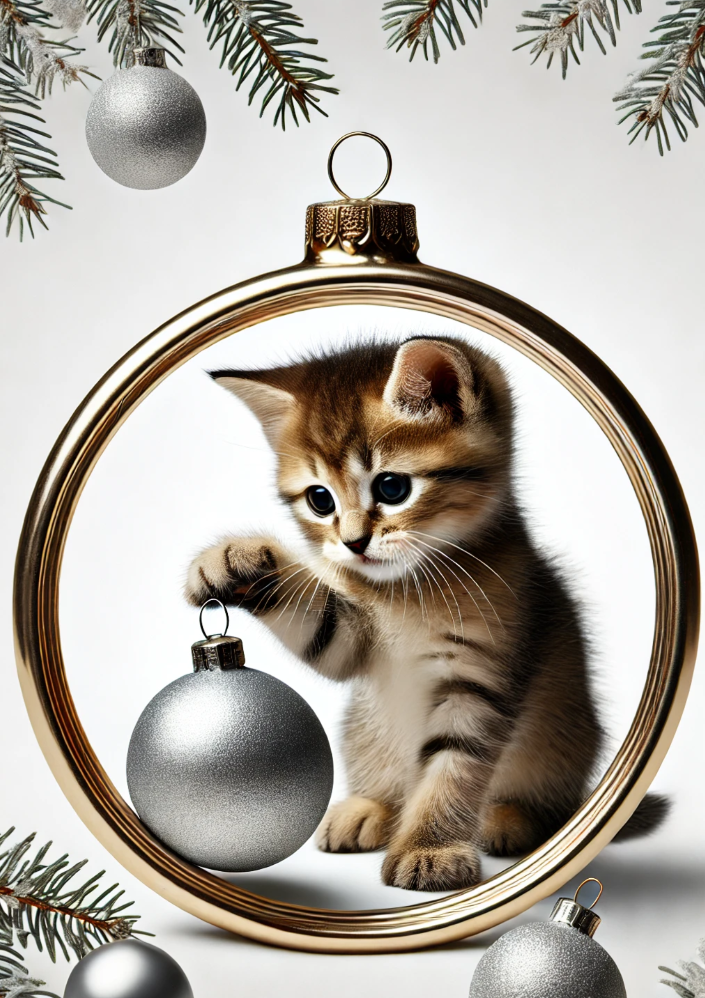 Sticker Sheet / Greeting Card – Kitten Playing With Christmas Bauble In Oval Full Cat. No. 1531