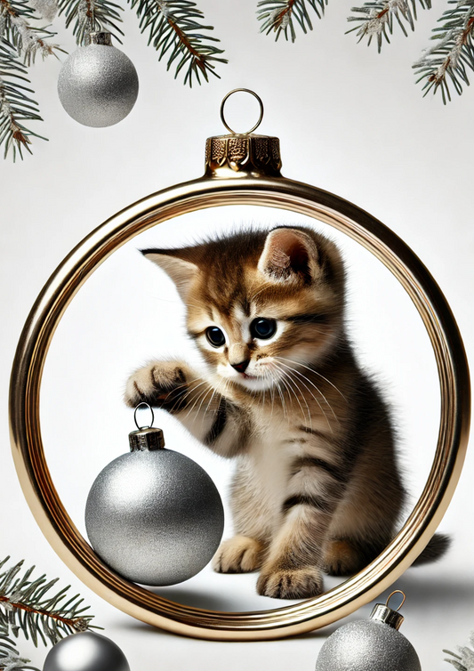 Sticker Sheet Kitten Playing With Christmas Bauble In Oval Full Cat. No. 1531