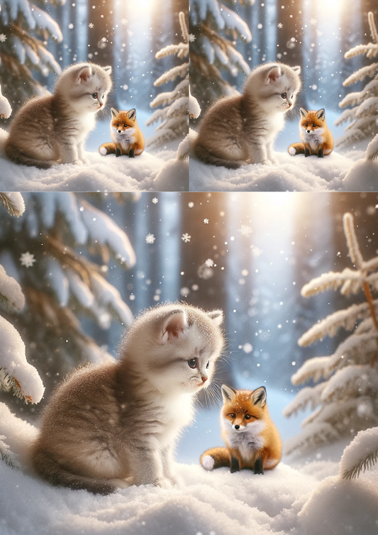 Sticker Sheet – Kitten and Fox In Winter Collage Cat No. 767