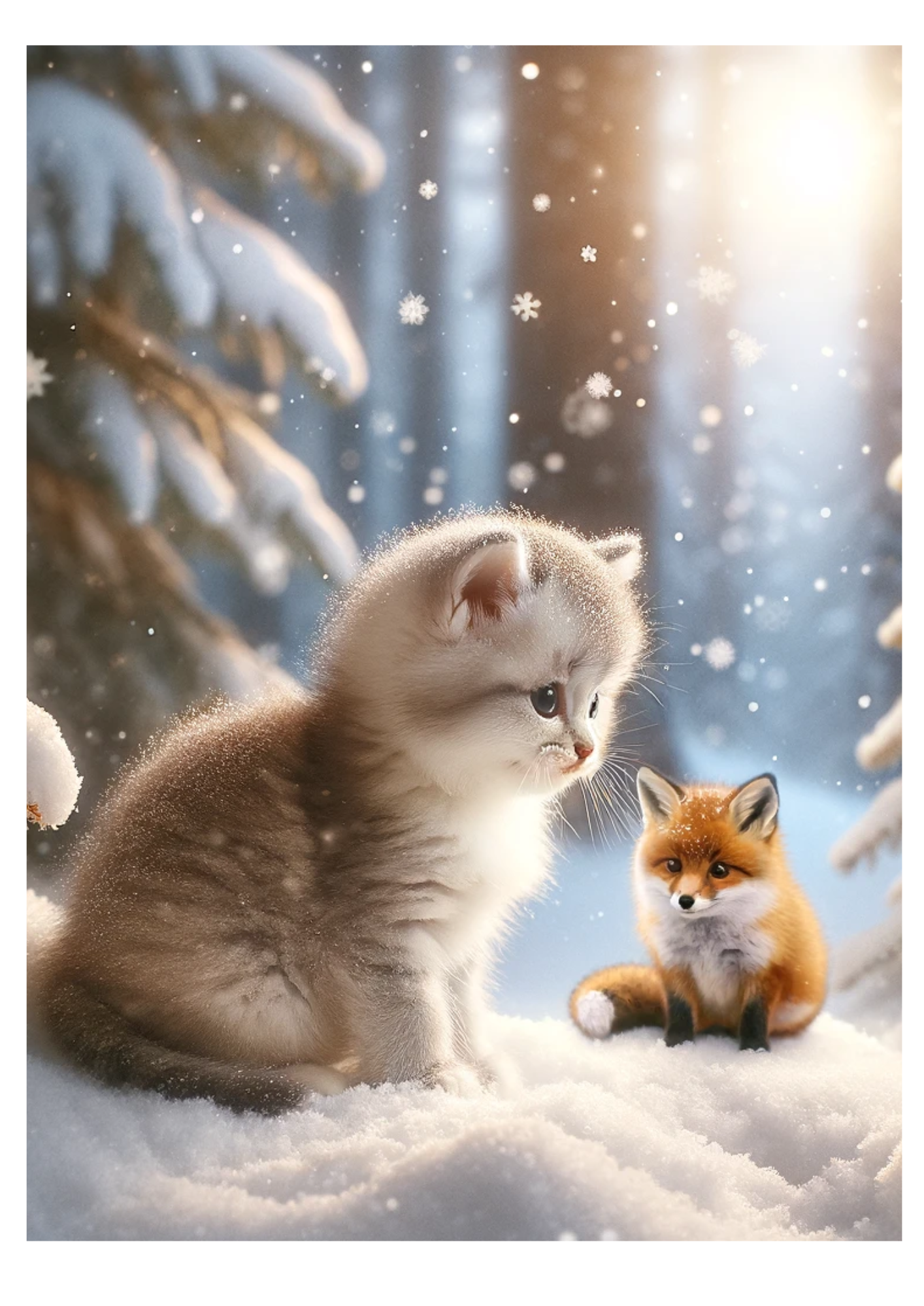 Sticker Sheet / Greeting Card – Kitten and Fox In Winter Full Cat No. 768