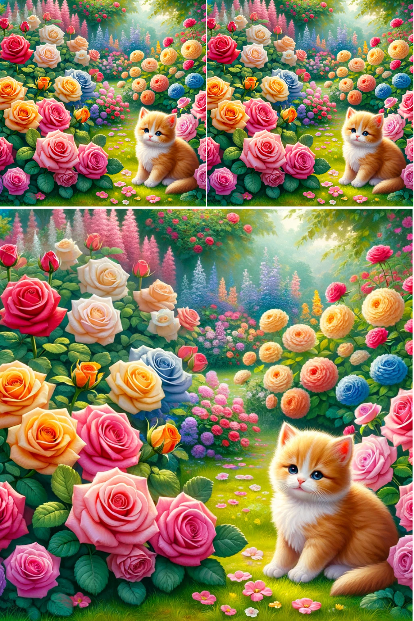 Sticker Sheet / Greeting Card – Kitten in the Rose Garden Full Cat No. 614
