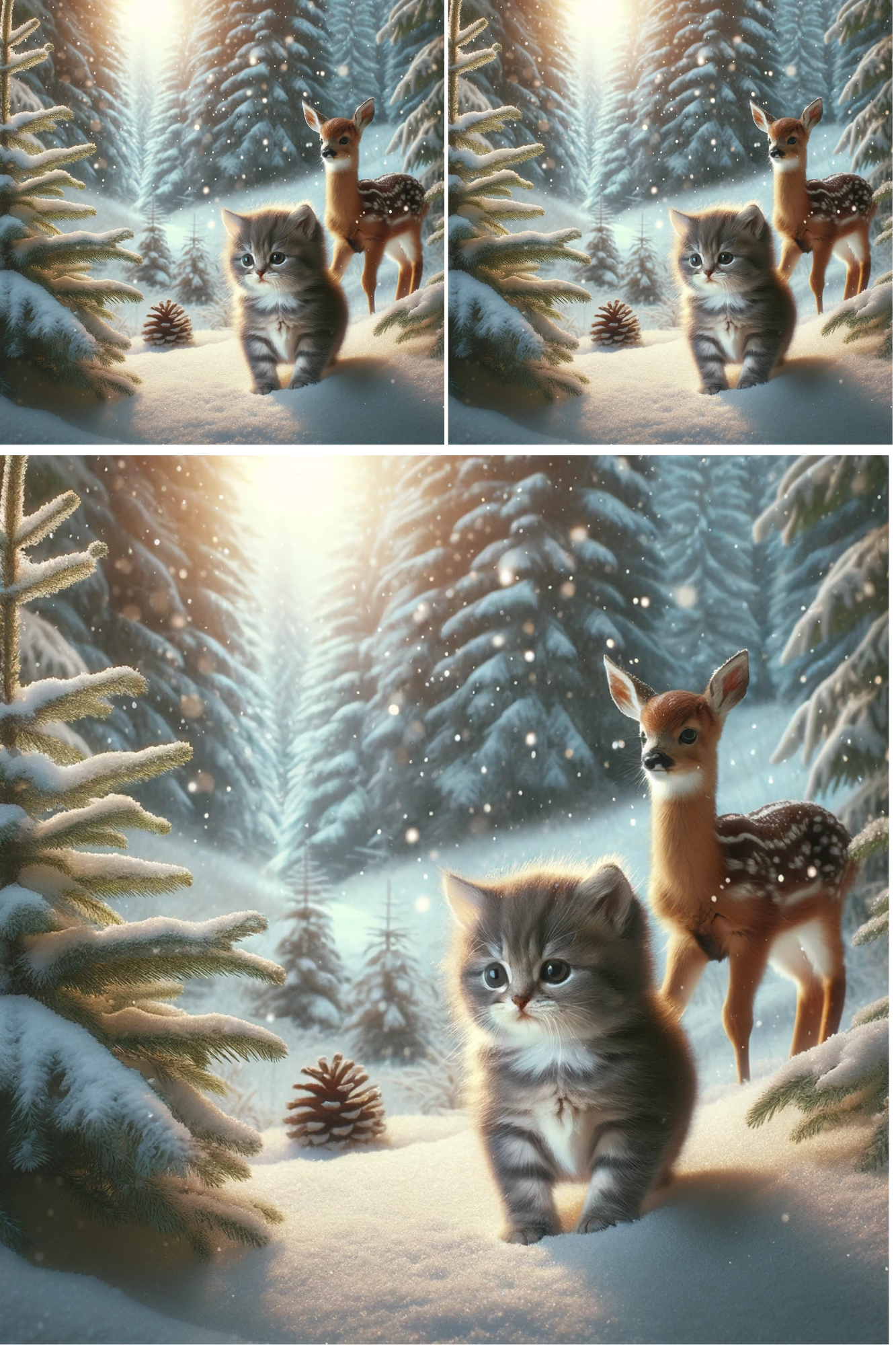 Sticker Sheet / Greeting Card – Kitten and Deer in Winter Collage Cat. No. 615