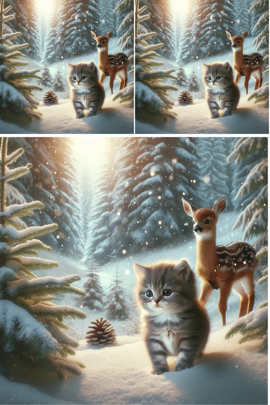 Sticker Sheet – Kitten and Deer in Winter Collage Cat. No. 615