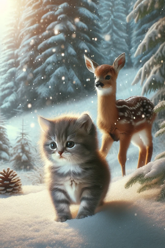 Sticker Sheet – Kitten and Deer in Winter, full, Cat. No. 616