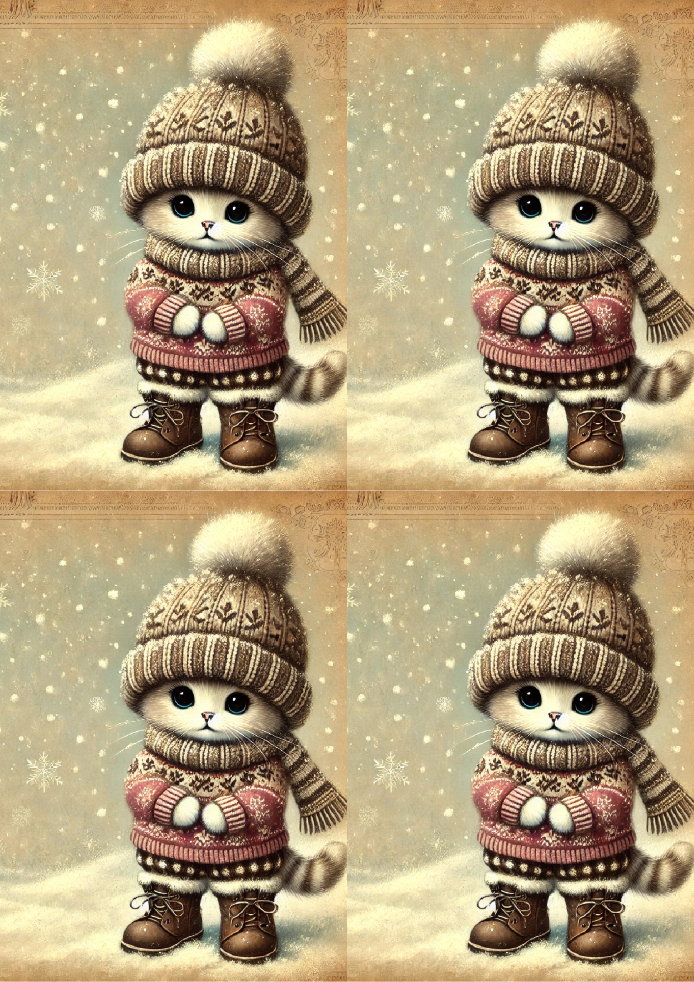 Sticker Sheet / Greeting Card – Kitten in Winter Vintage Collage Cat. No. 1678