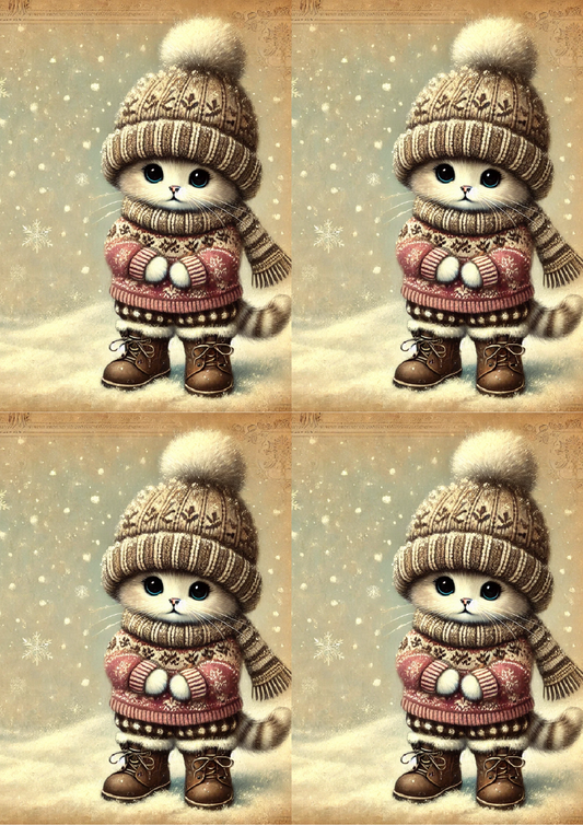 Sticker Sheet Kitten in Winter Vintage Collage Cat. No. 1678