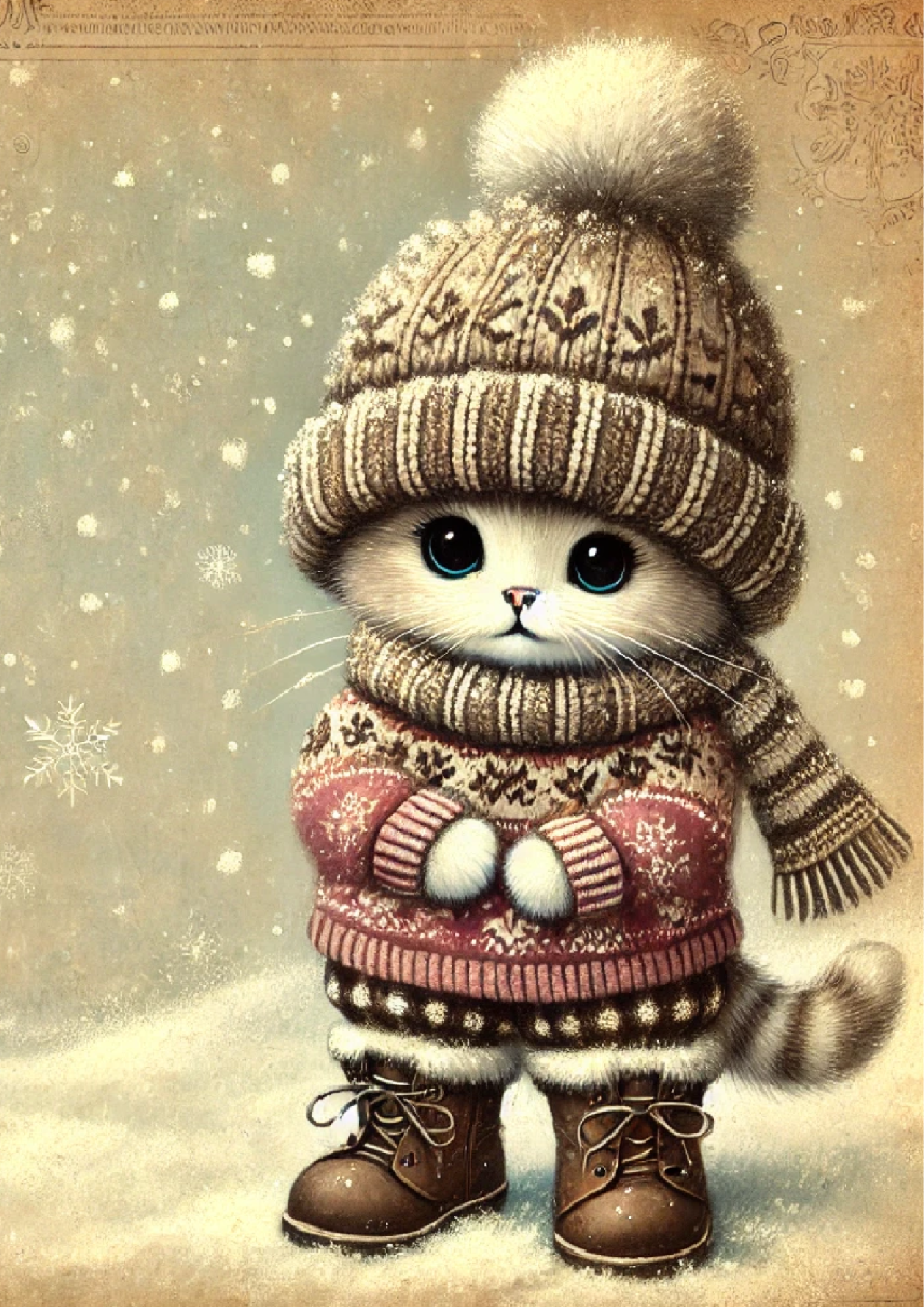 Sticker Sheet / Greeting Card – Kitten in Winter Vintage Full Cat. No. 1679