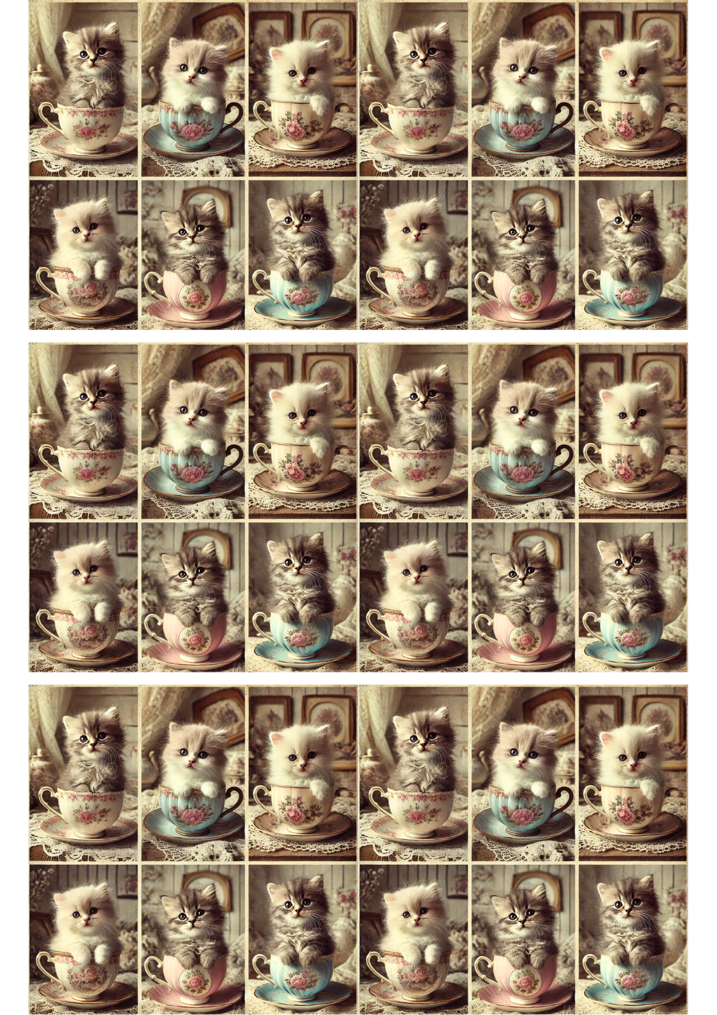 Sticker Sheet / Greeting Card – Kitten and Cups Collage Cat. No. 2036
