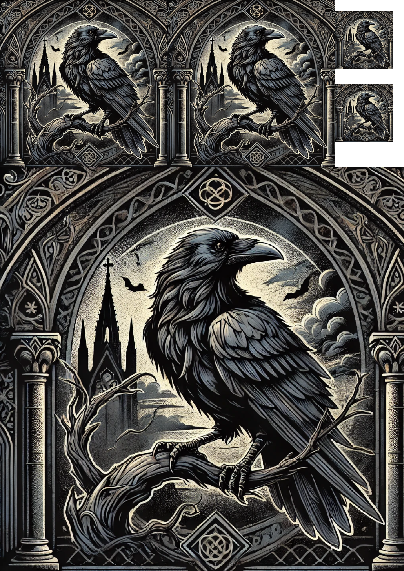 Sticker Sheet / Greeting Card – Raven In Gothic Style Collage Cat. No. 1311