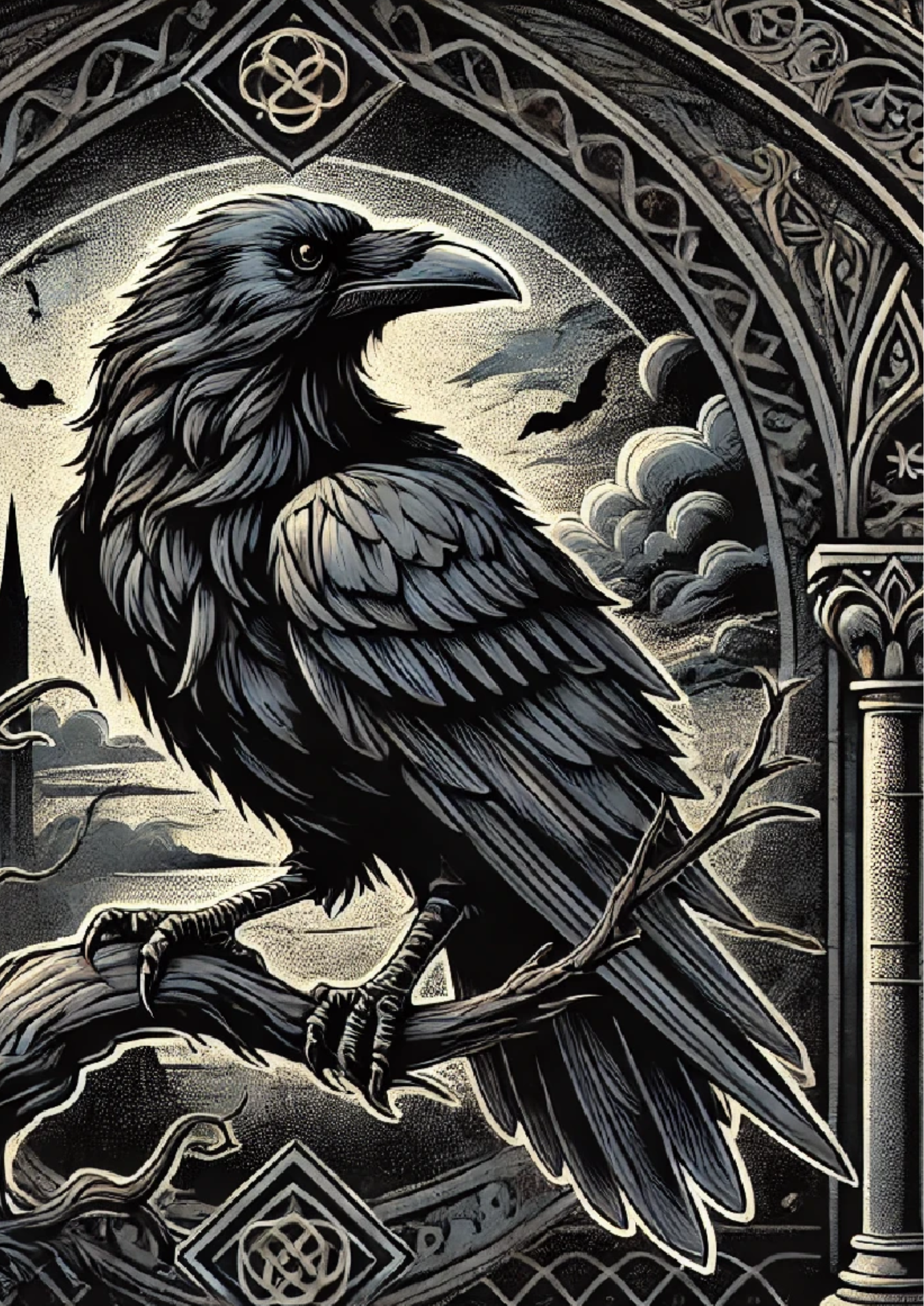 Sticker Sheet / Greeting Card – Raven In Gothic Style Full Cat. No. 1312