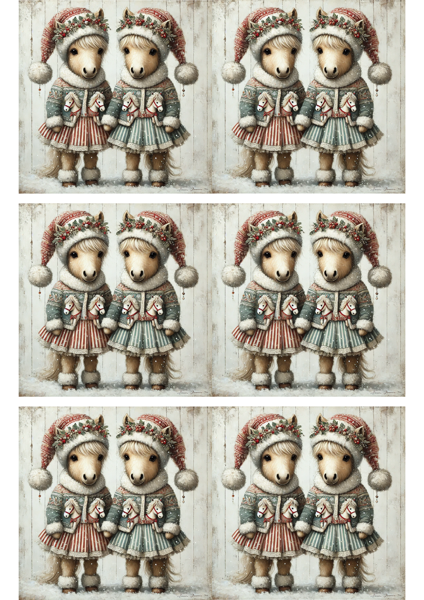 Sticker Sheet – Twin Ponies In Christmas Hats Shabby Chic Collage Cat. No. 3041