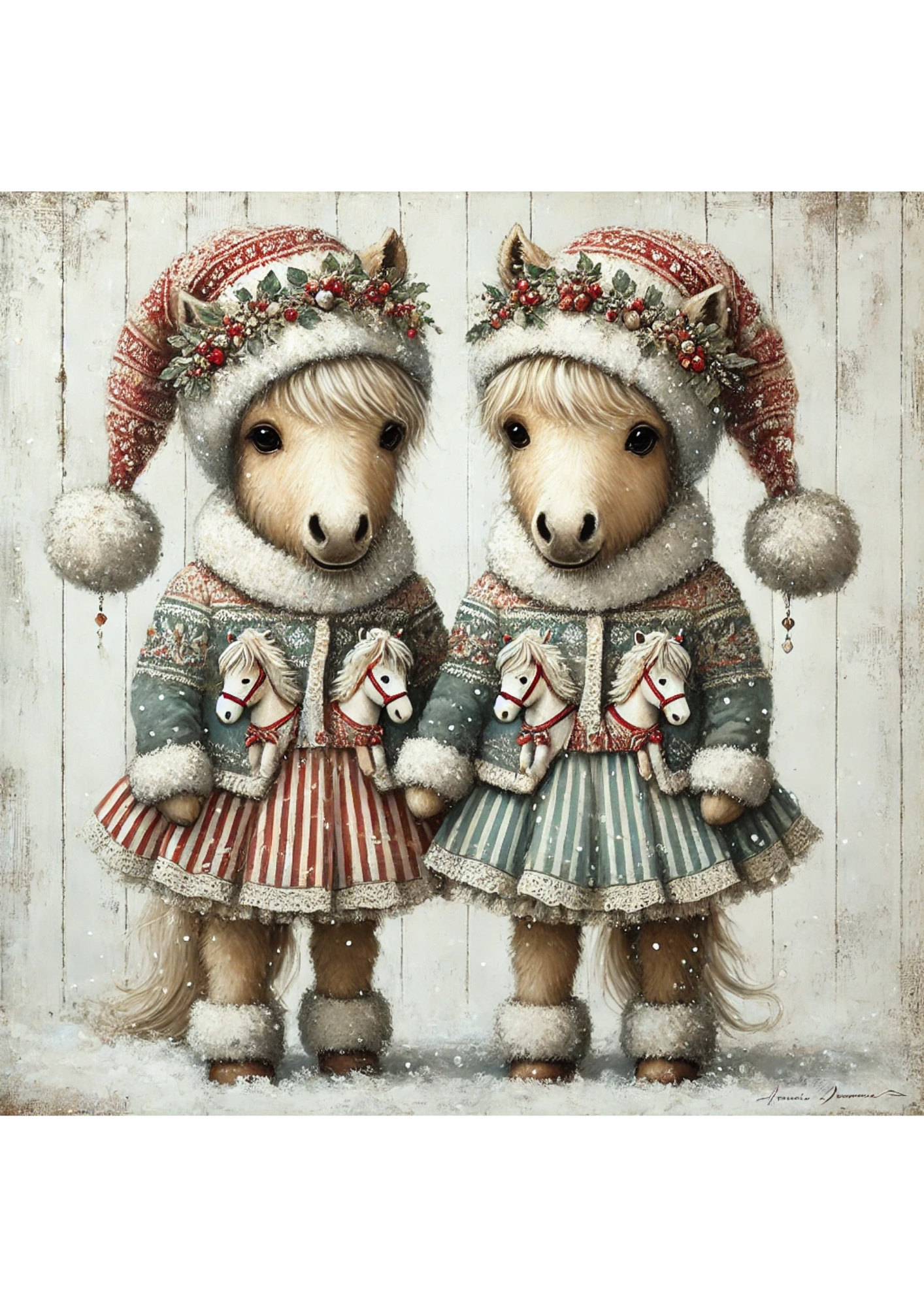 Sticker Sheet / Greeting Card – Twin Ponies In Christmas Hats Shabby Chic Full Cat. No. 3042