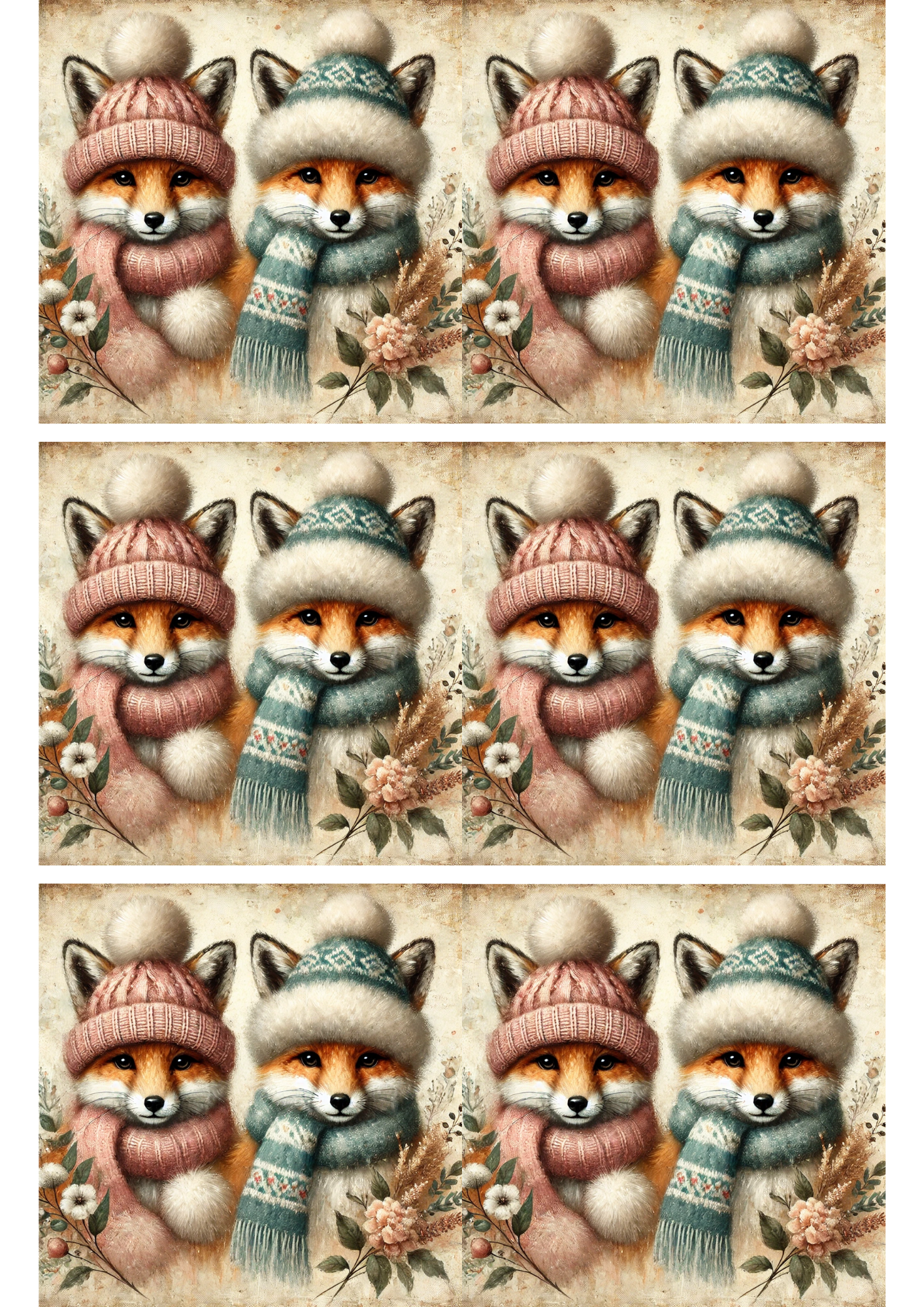 Sticker Sheet / Greeting Card – Foxes In Hats And Scarves Collage Cat. No. 2865