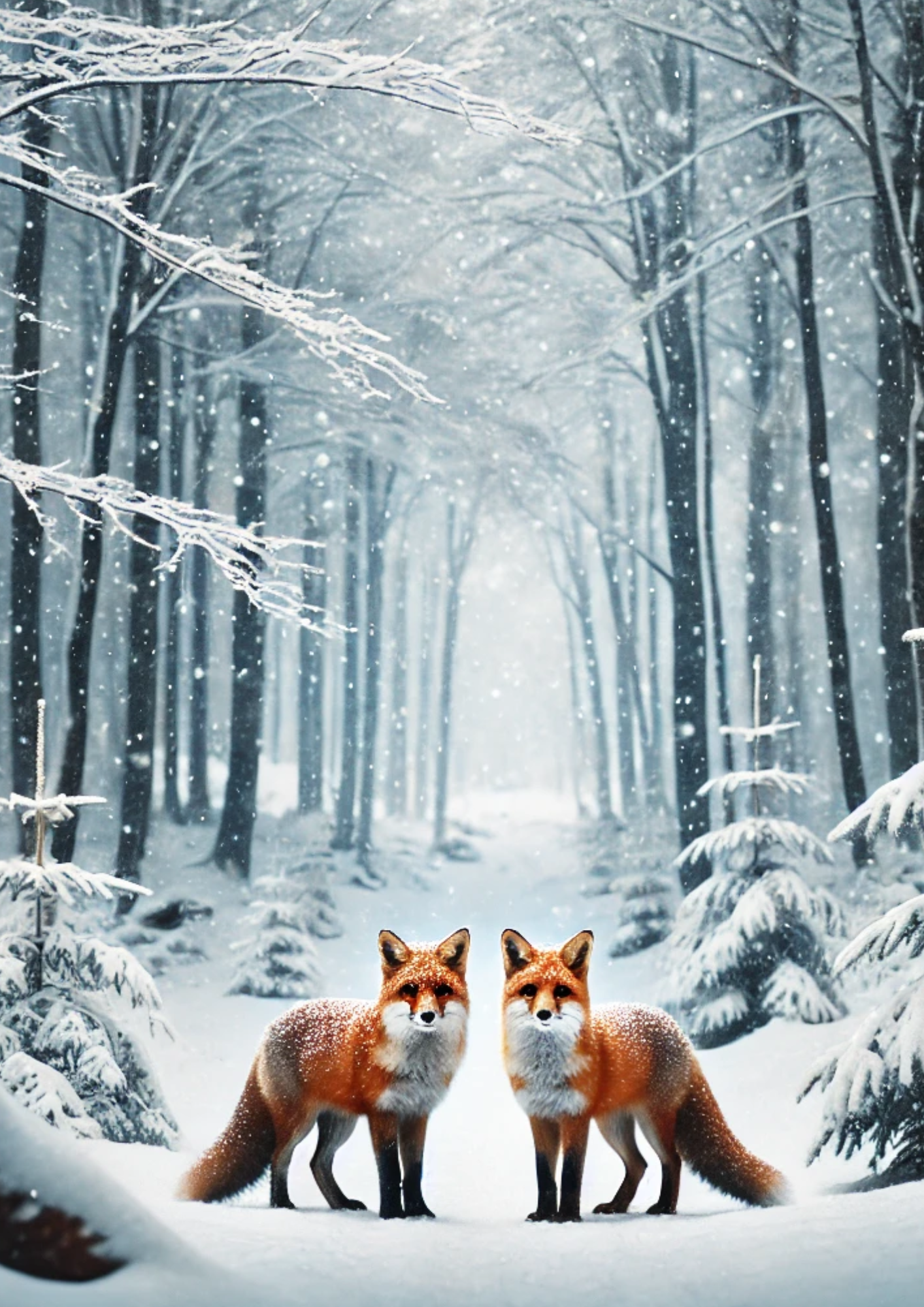 Sticker Sheet / Greeting Card – Foxes In Winter Forest Full, Cat. No. 2103