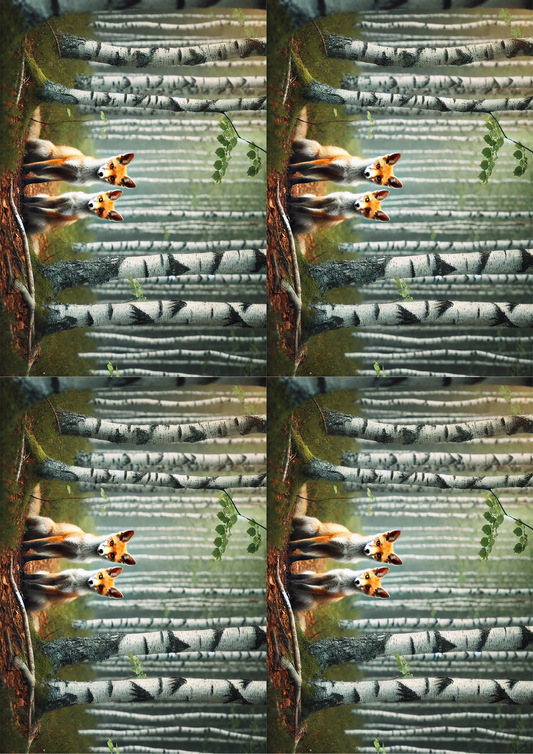 Stickerbogen – Collage „Füchse im Birkenwald“, Kat.-Nr. 2094