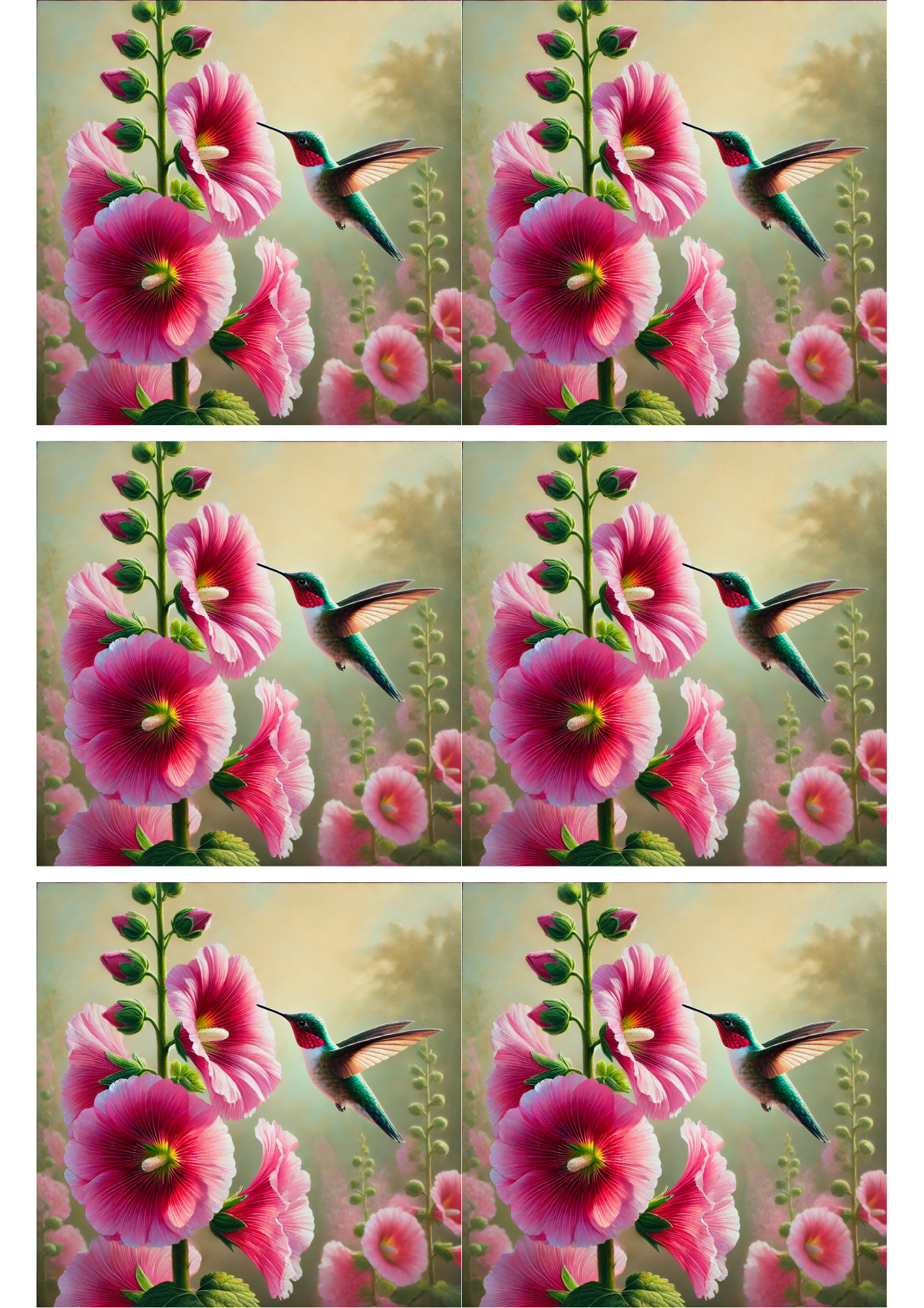 Sticker Sheet / Greeting Card – Hummingbird and Hollyhocks Collage, Cat. No. 2132