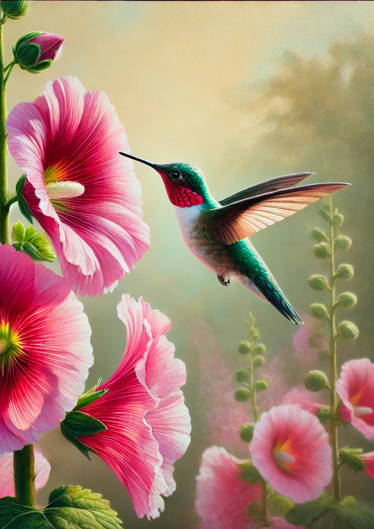 Sticker Sheet / Greeting Card – Hummingbird and Hollyhocks Full, Cat. No. 2133