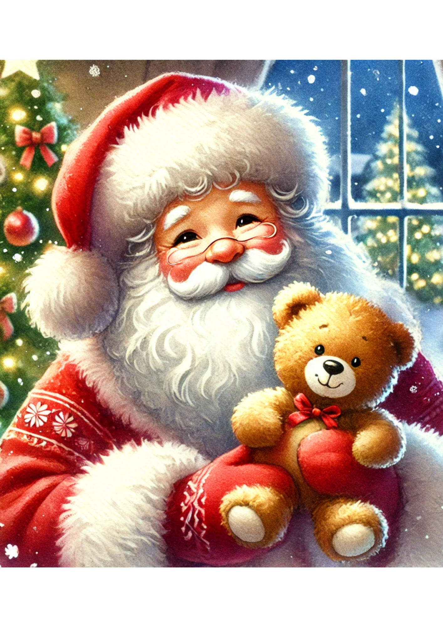 Sticker Sheet / Greeting Card – Santa Claus With Teddy Bear Full, Cat. No. 2137