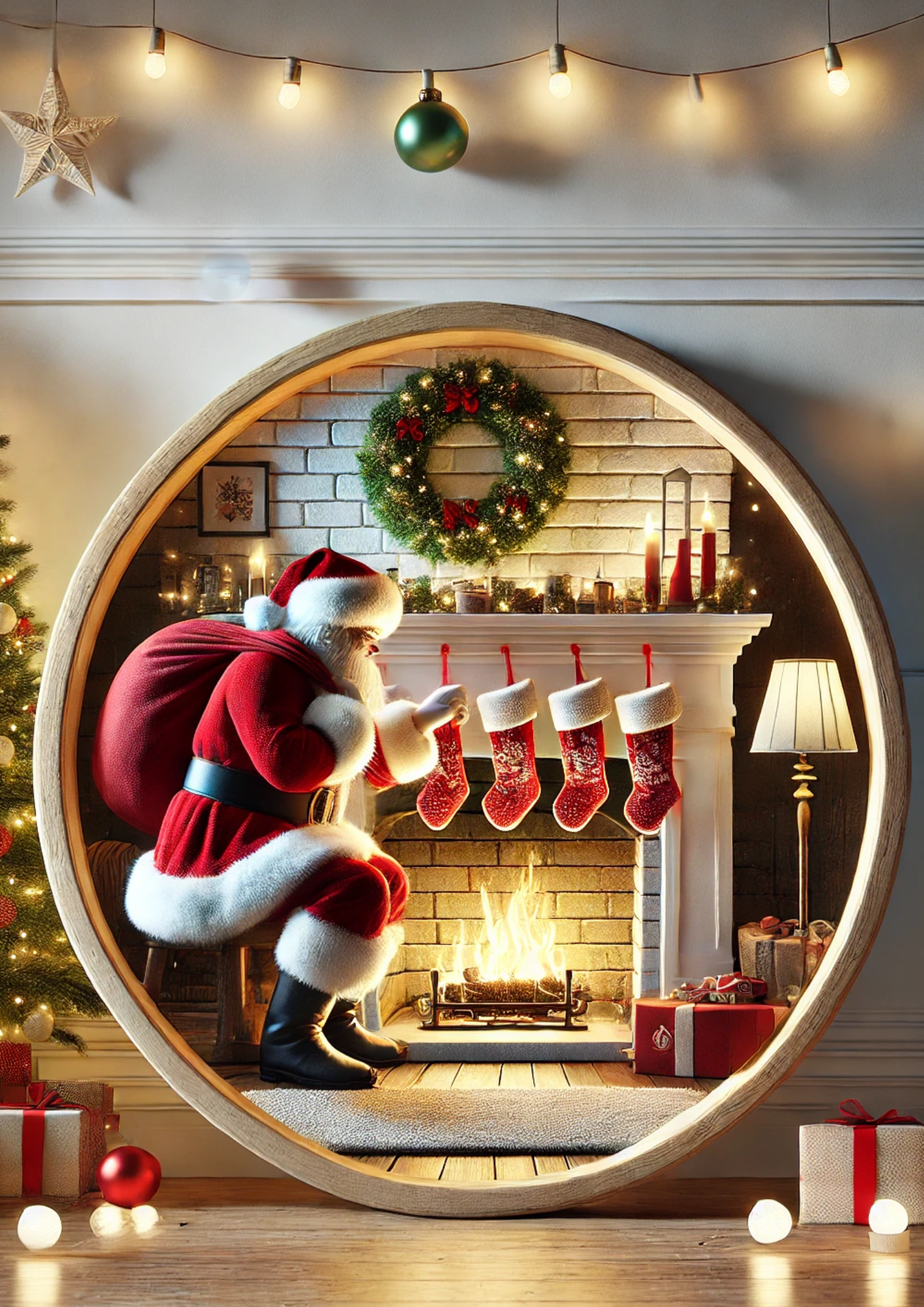 Sticker Sheet / Greeting Card – Santa Claus By The Fireplace In The Oval Full Cat. No. 1543