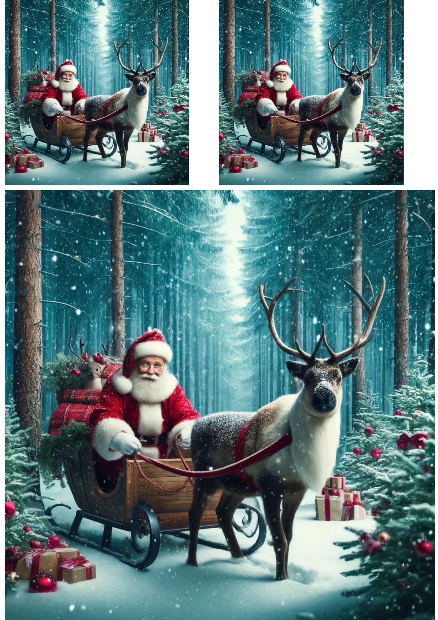 Sticker Sheet / Greeting Card – Santa Claus In Sleigh Reindeer Collage Cat No. 761