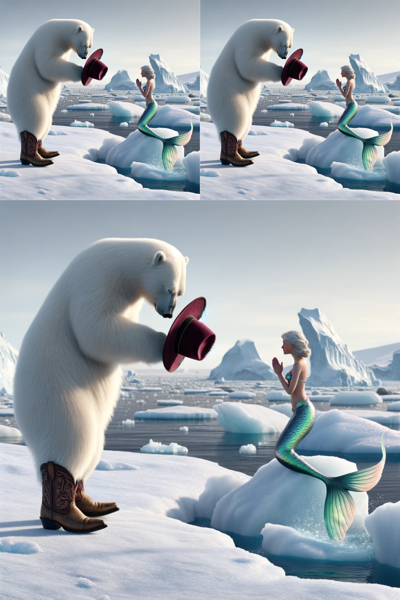 Sticker Sheet / Greeting Card – Polar Bear In Cowboy Boots With Mermaid Cat No. 35