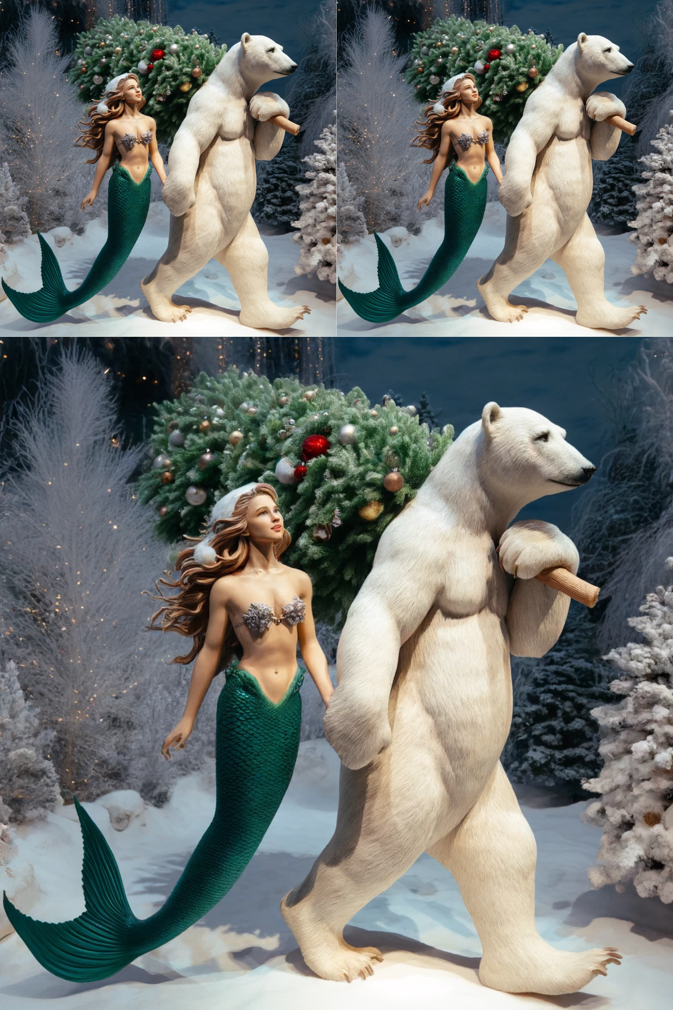 Sticker Sheet / Greeting Card – Polar Bear with Mermaid and Christmas Tree Cat. No. 33