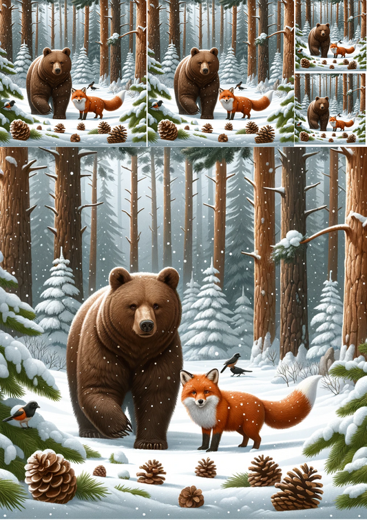 Sticker Sheet – Brown Bear and Fox in Winter Collage Cat No. 1037