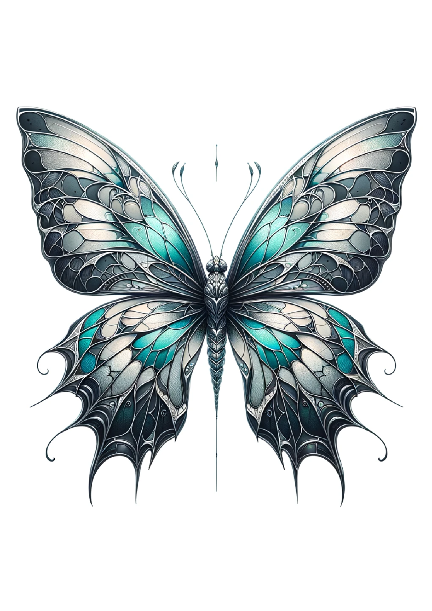 Sticker Sheet / Greeting Card – Butterfly In Gothic Style With Aquamarine Shades Full Cat. No. 2390