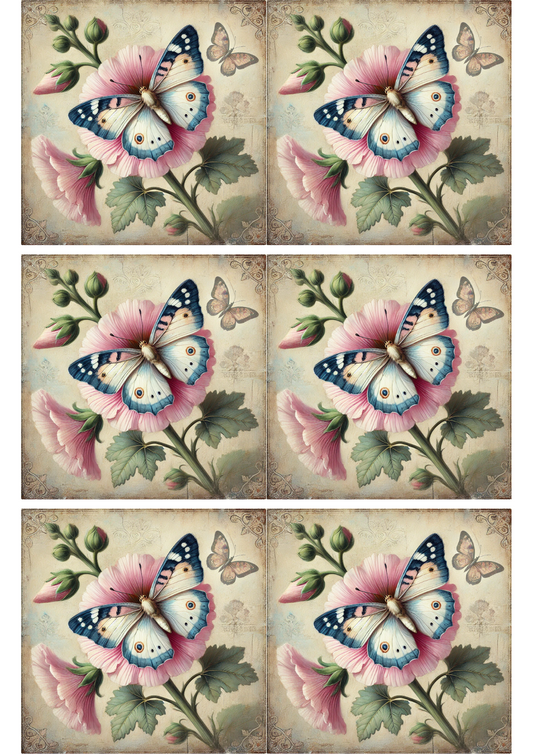 Sticker Sheet – Butterfly And Hollyhock Shabby Chic Collage, Cat. No. 2142