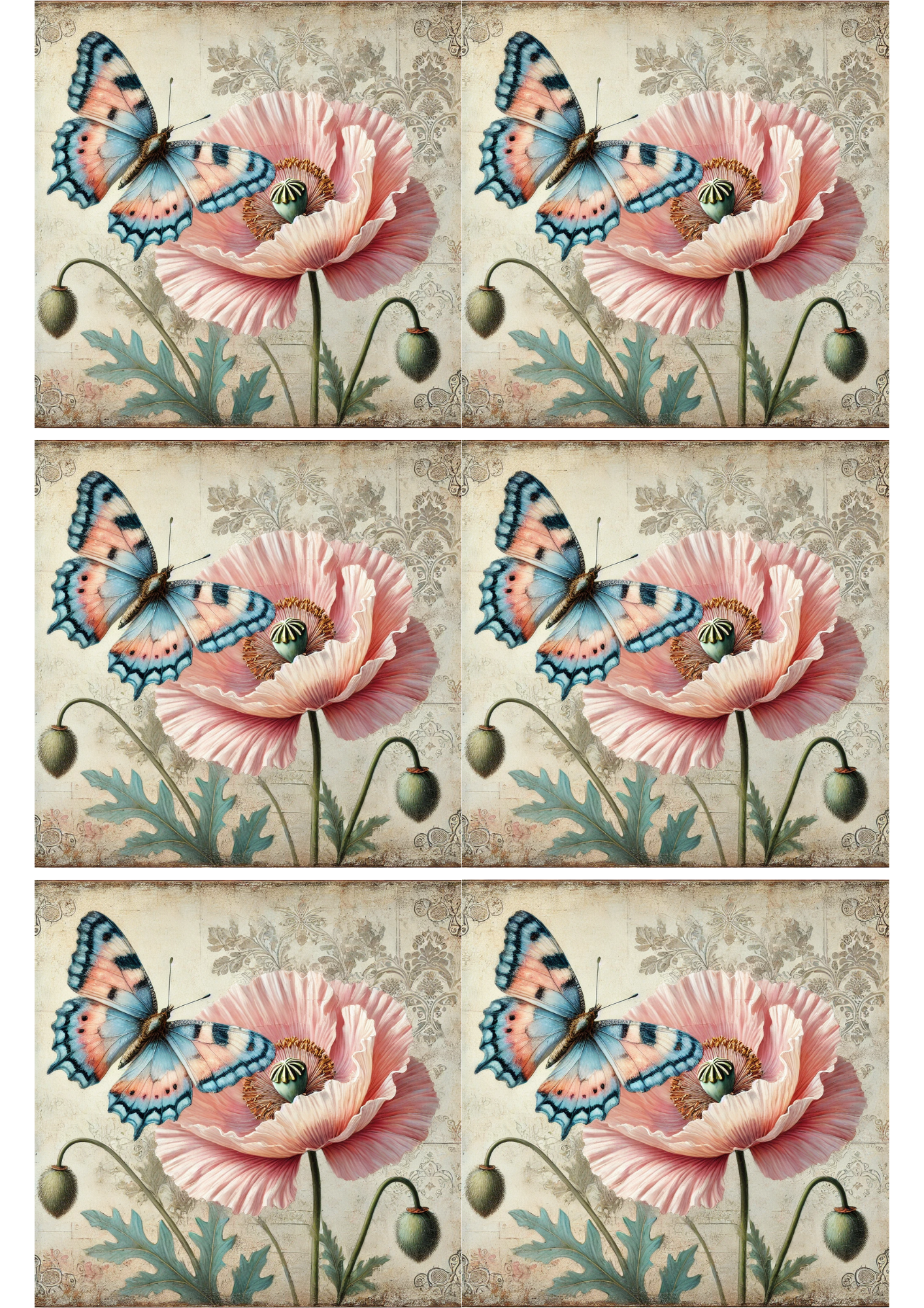 Sticker Sheet / Greeting Card – Butterfly and Poppy Shabby Chic Collage, Cat. No. 2144