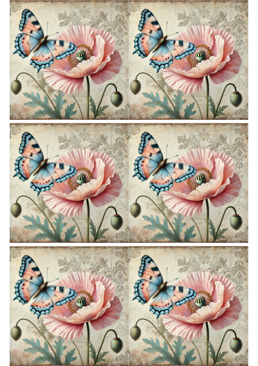 Sticker Sheet – Butterfly and Poppy Shabby Chic Collage, Cat. No. 2144