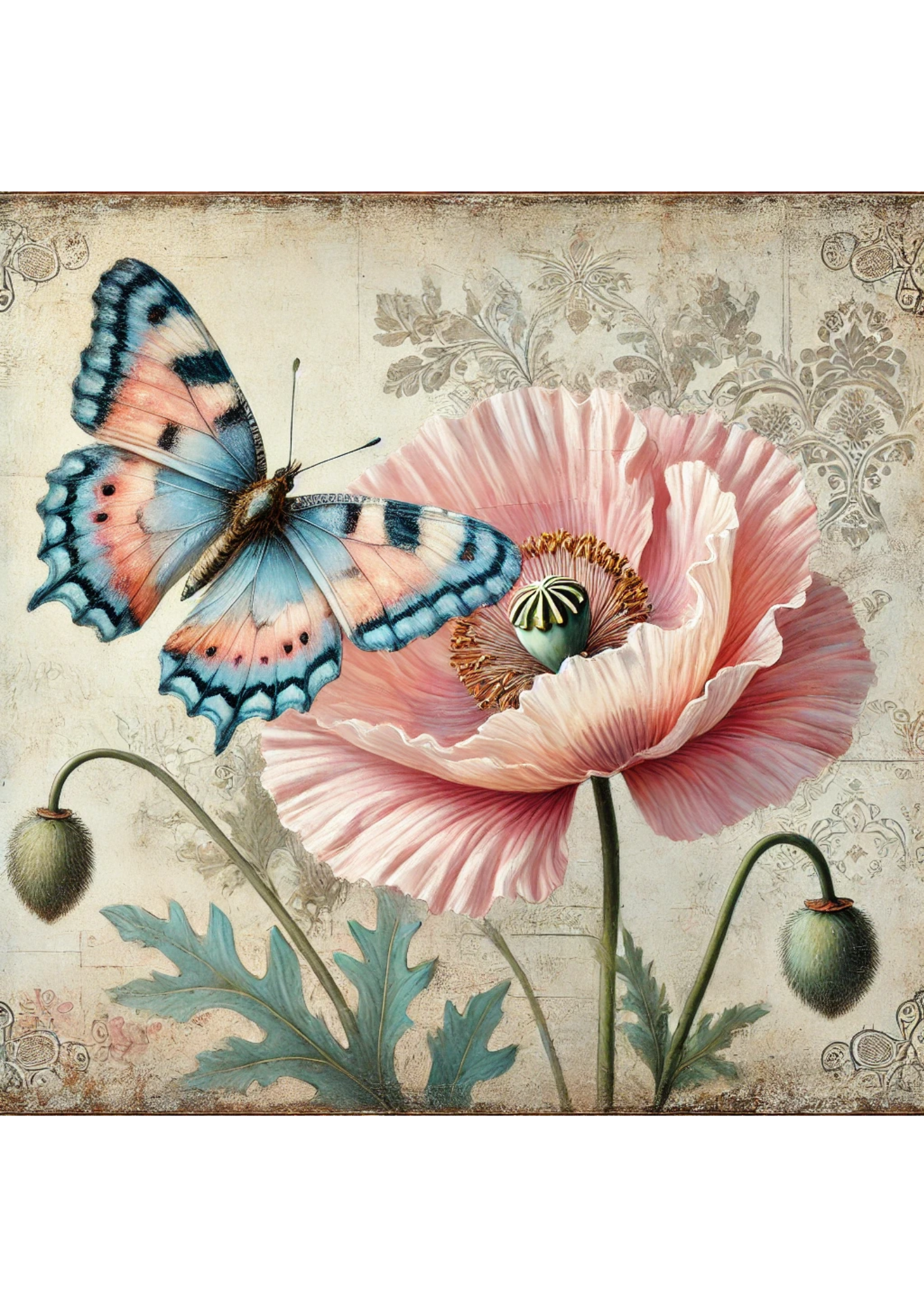 Sticker Sheet / Greeting Card – Butterfly and Poppy Shabby Chic Full, Cat. No. 2145