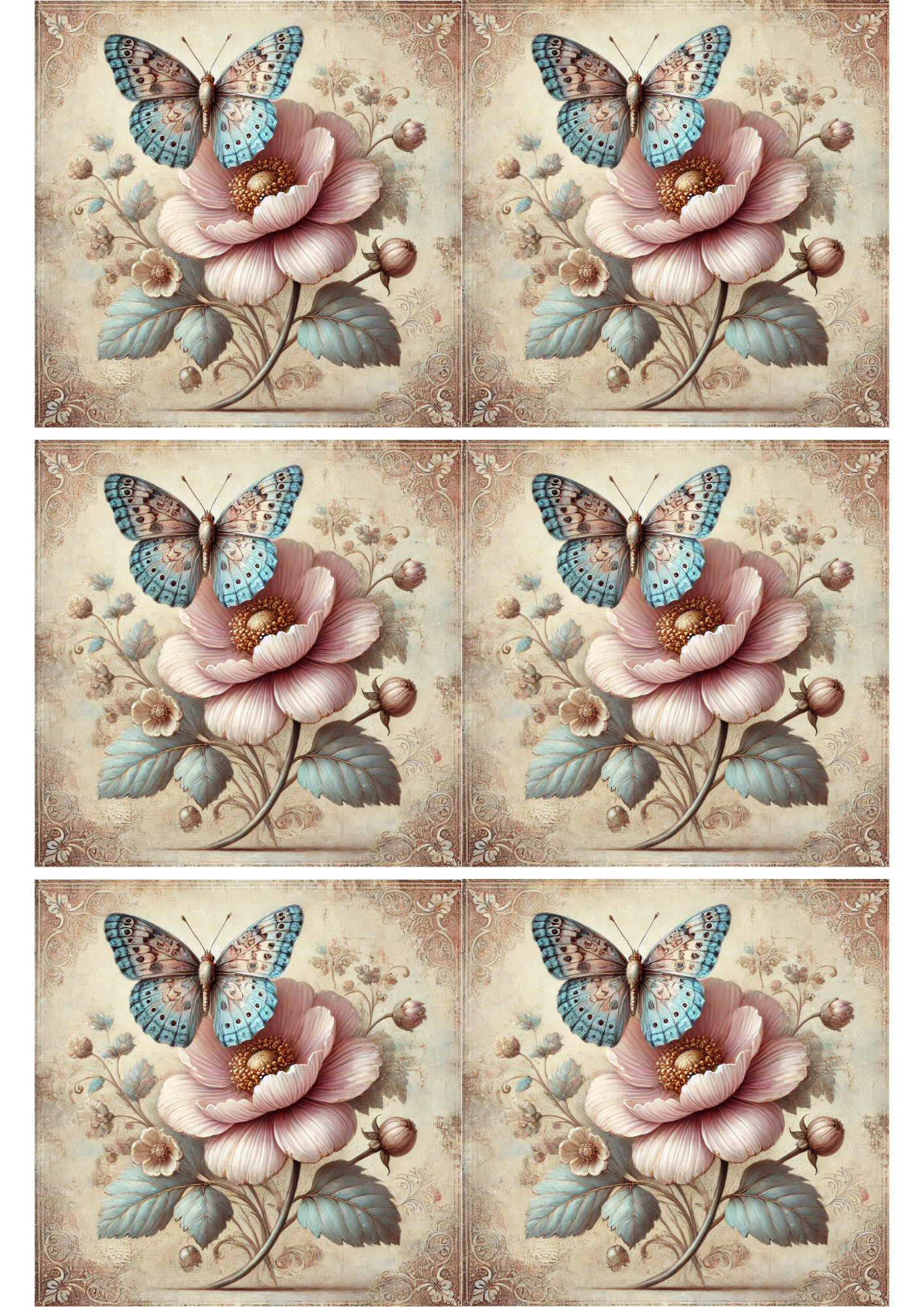 Sticker Sheet / Greeting Card – Butterfly And Rose Shabby Chic Collage, Cat. No. 2146