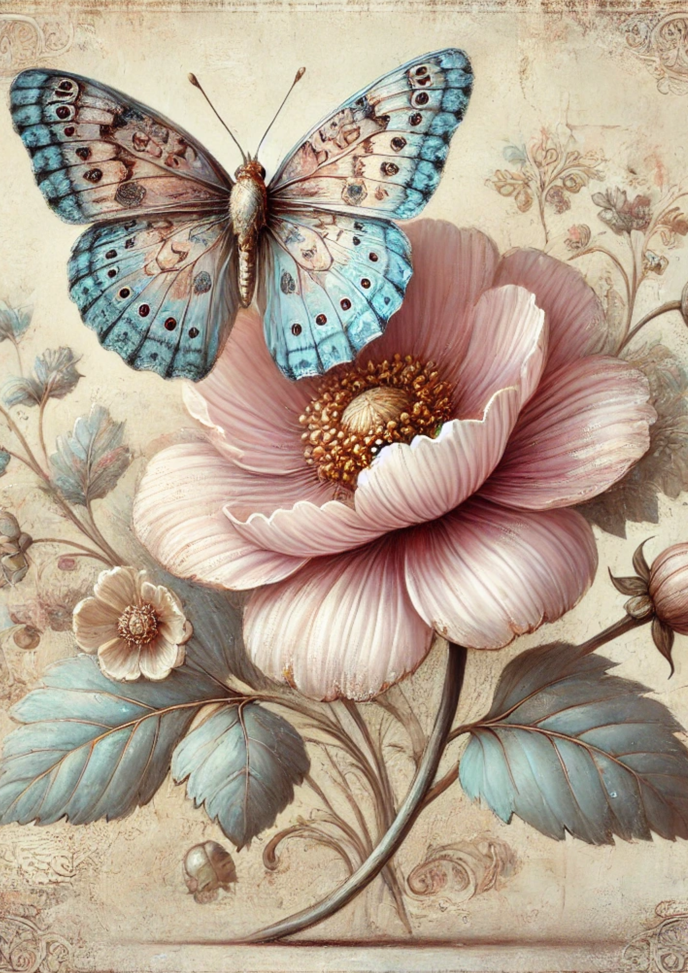 Sticker Sheet / Greeting Card – Butterfly And Rose Shabby Chic Full, Cat. No. 2147