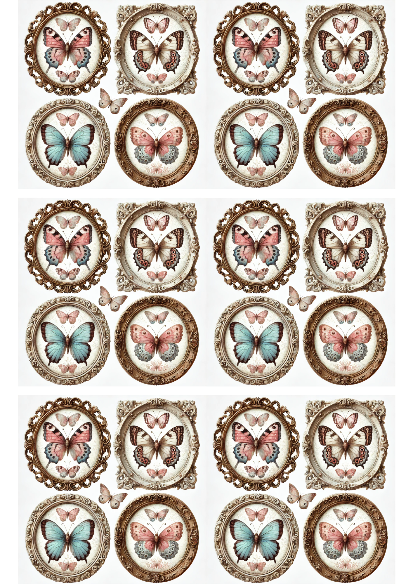 Sticker Sheet / Greeting Card – Butterflies In Round Frames Shabby Chic Collage Cat. No. 3059