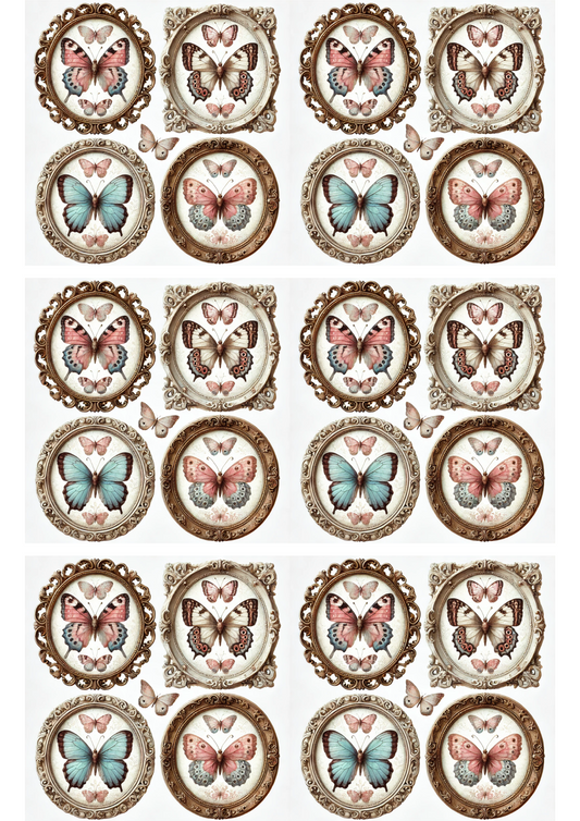 Sticker Sheet – Butterflies In Round Frames Shabby Chic Collage Cat. No. 3059