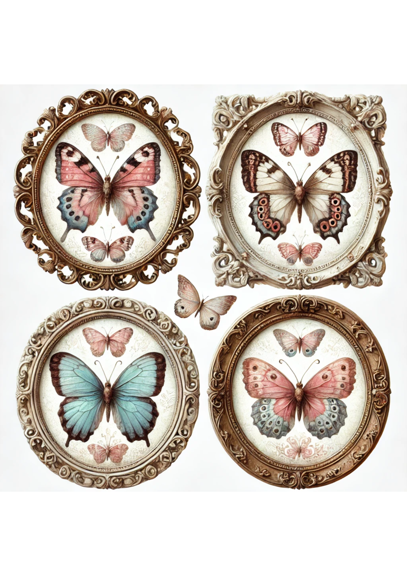 Sticker Sheet / Greeting Card – Butterflies In Round Frames Shabby Chic Full Cat. No. 3060
