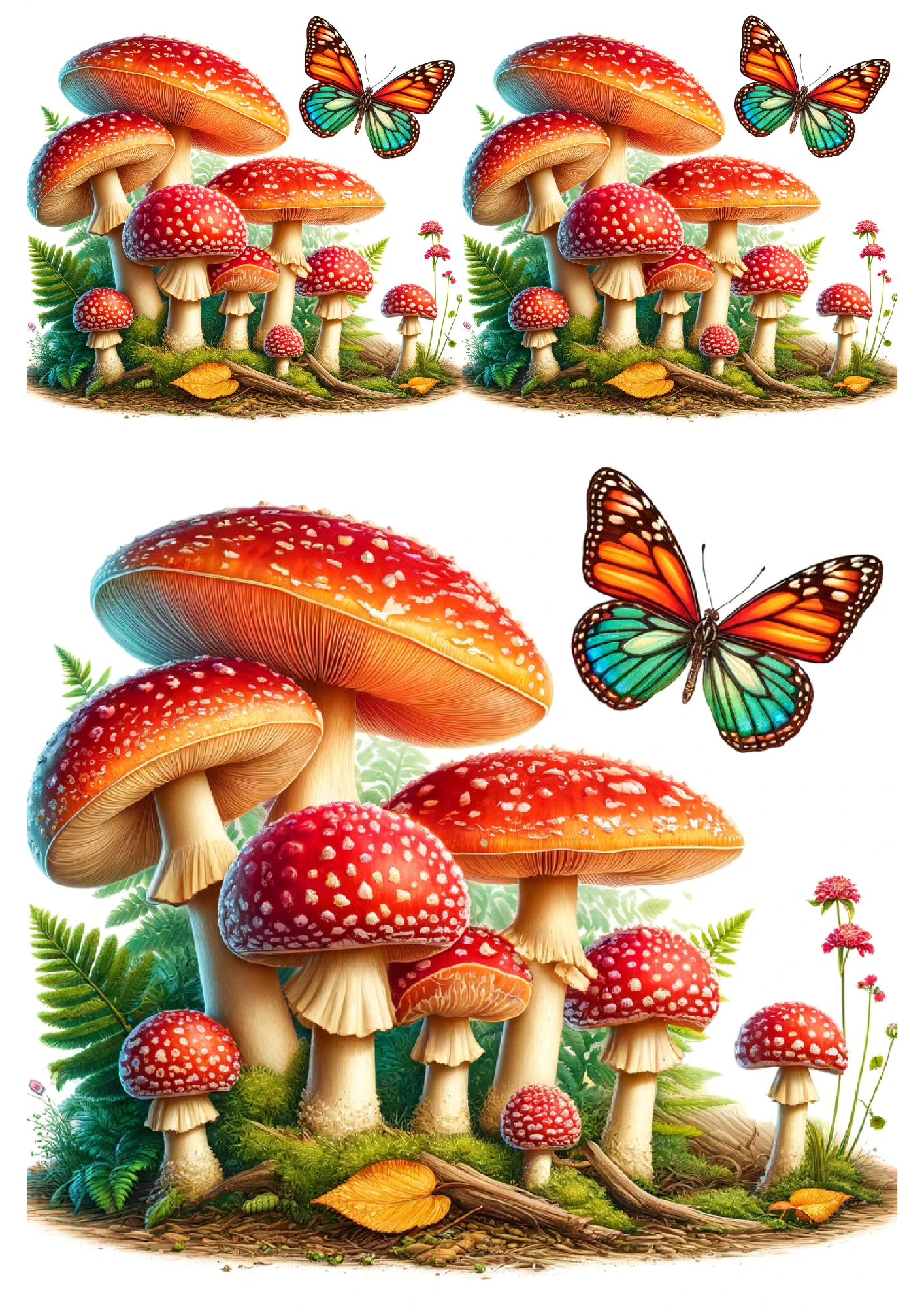 Sticker Sheet / Greeting Card – Toadstools and Butterflies in a Pot Collage Cat. No. 1214
